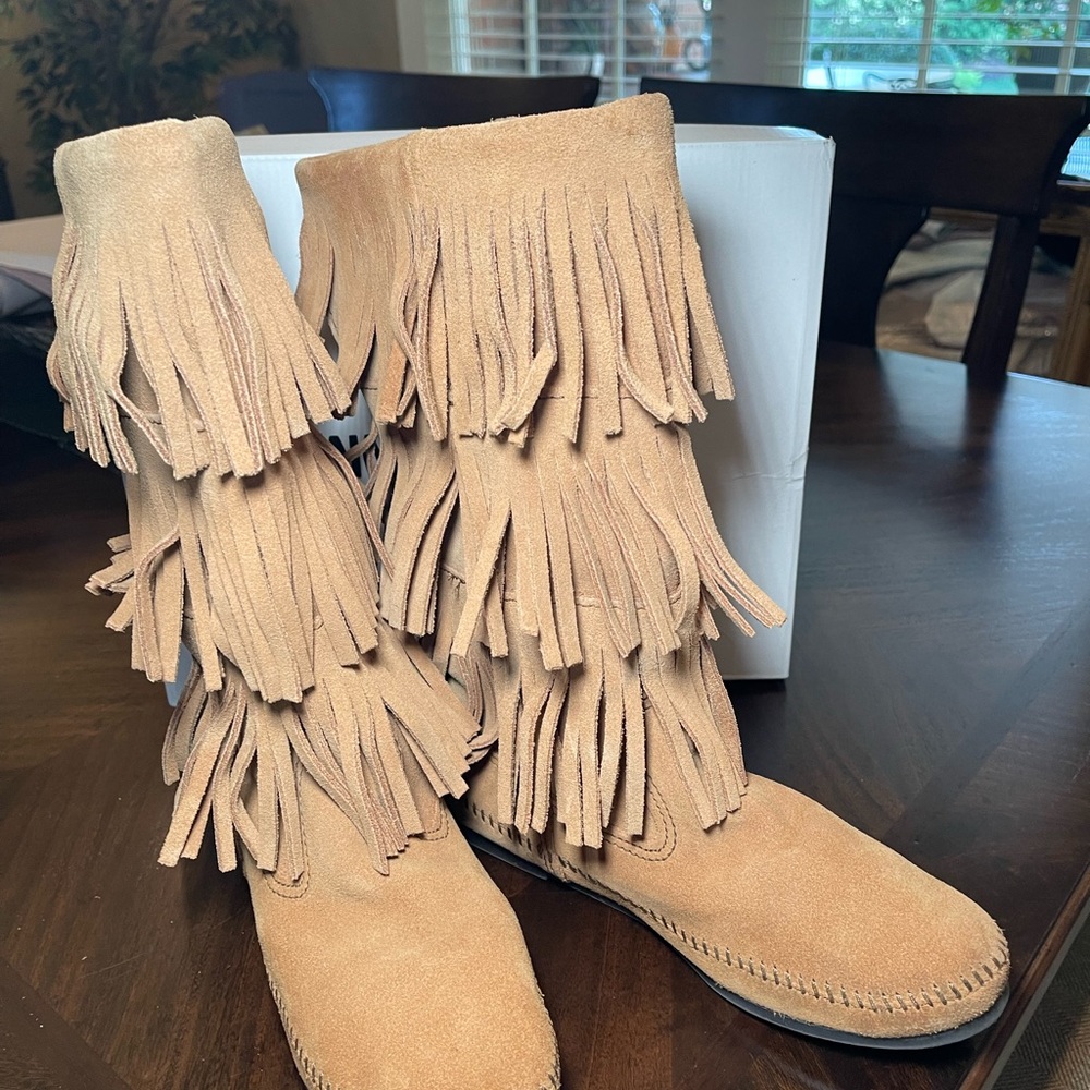 Minnetonka Tan Suede Triple-Fringe Heeled Boots